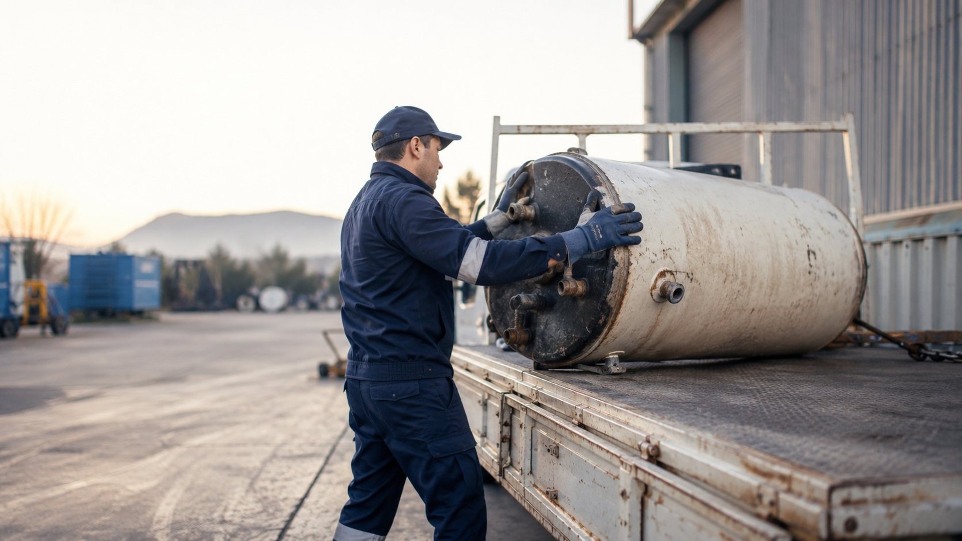 ISS worker loading a salvaged geyser onto a collection truck at dawn