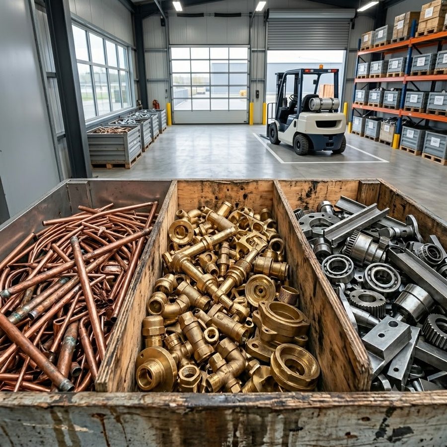 Sorted copper, brass and steel salvage ready for recycling