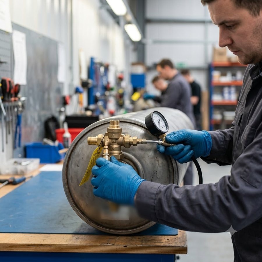 Inspecting and pressure-testing a geyser valve on a workbench